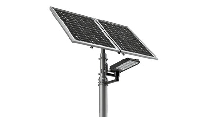 Solar powered street lamp with two panels against a dark background