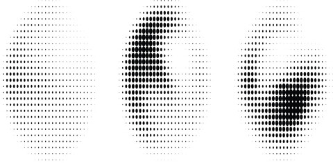 Set of halftone dots gradient pattern texture isolated on white background. Straight dotted spots using halftone circle dot raster texture. Vector blot half tone collection. eps10