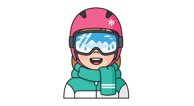 Cheerful child wearing a pink ski helmet and turquoise goggles reflecting snowy mountains and evergreen trees, dressed for winter sports.