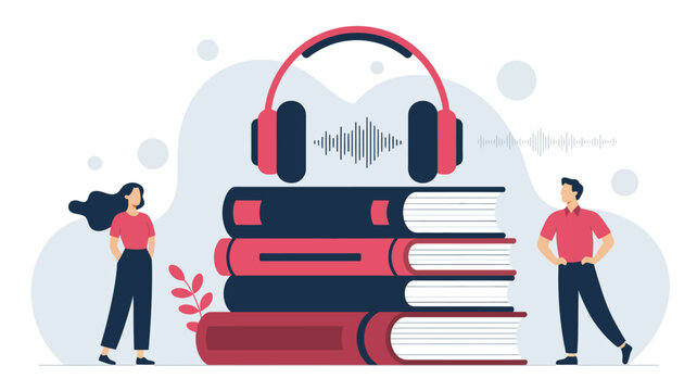 Audiobook and online learning concept with headphones on stacked books, people listening to audio education content, modern flat vector illustration for knowledge and study themes 