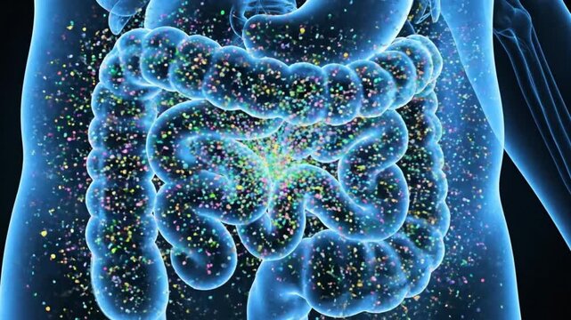Human digestive system with glowing gut microbiome