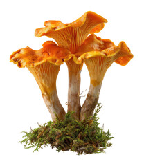 Trio of vibrant orange chanterelle mushrooms resting on moss
