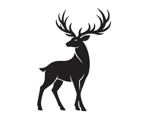 Obraz premium Black Deer Silhouette with Majestic Antlers Isolated on White Background, Elegant Stag Shape for Logo Design, Wildlife Branding, Tattoo and Graphic Use