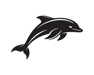 Fototapeta premium Minimal black dolphin silhouette logo in modern flat style, elegant marine animal icon isolated on white background for branding and design use