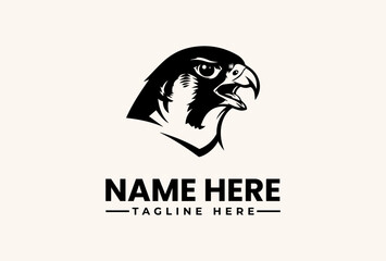 Obraz premium A black and white illustration of a falcon's head with a placeholder text 'NAME HERE' and 'TAGLINE HERE' on a beige background, featuring a logo and vector graphic design.