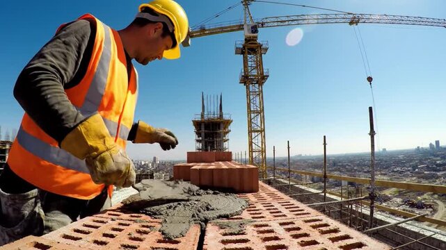 Bricklayer at work: A construction worker meticulously applies mortar to bricks on a rooftop, silhouetted against a sunny cityscape, symbolizing the art and precision of construction work