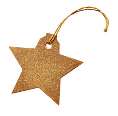A rustic textured brown star-shaped tag with a string loop, isolated on dark background