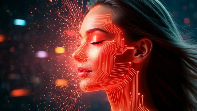 Futuristic woman with glowing circuit lines on her face in a neon-lit cityscape