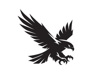 Fototapeta premium Aggressive eagle silhouette with spread wings isolated on white background, powerful bird of prey vector illustration for logo, mascot and branding design use