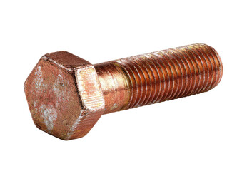 Close-up of a metallic hexagonal-headed, threaded bolt, showcasing a worn, reddish-brown finish