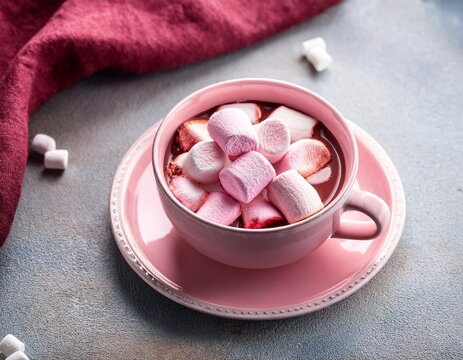 cup of pink ruby cocoa chocolate with marshmallows