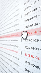 Fototapeta premium Vertical email inbox interface with highlighted message, representing digital communication, notifications, workflow management and modern business correspondence systems.
