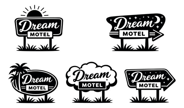 Retro hand drawn motel signs set featuring diverse shapes with 'Dream Motel' text for roadside travel