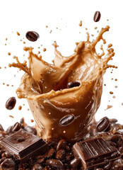Rich coffee splash with chocolate and beans, a decadent beverage