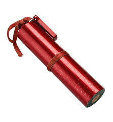 Gleaming red metallic cylinder with leather strap, cap, and drawstring