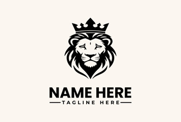 Fototapeta premium A black and white illustration of a lion's head with a crown, accompanied by placeholder text for a name and tagline on a beige background, featuring a logo and icon design.