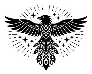 Obraz premium Ornamental illustration of a raven depicting radiating stars for mystical concepts