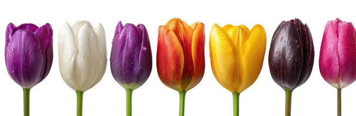 Row of seven colorful tulip flowers isolated against a dark background