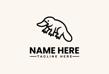 Fototapeta premium A simple black line drawing of a platypus with a placeholder name and tagline on a beige background, featuring a logo and vector illustration design.