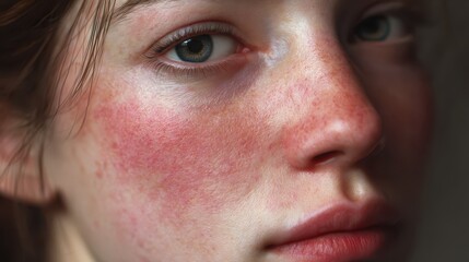 Fototapeta premium Soft lighting portrait of a woman with sensitive skin, rosacea redness on cheeks, natural expression