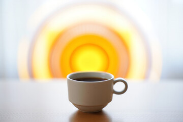 Coffee cup on table with warm sunset or sunrise light leak effect, for mockup or overlay