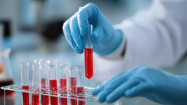 Scientist in blue gloves holding a test tube with red liquid in a laboratory setting