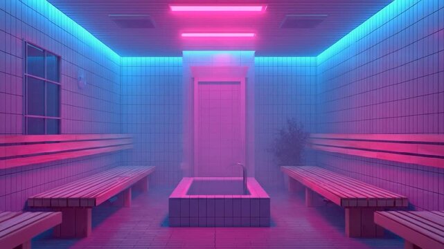 Neon bathroom interior render with pink and blue lighting
