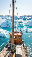 Boat sailing among icebergs in Greenland ocean, Arctic landscape