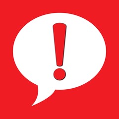 Bright red exclamation mark inside a white speech bubble on a solid red background symbolizing important warning or announcement