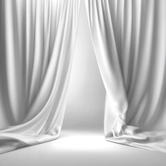White curtains are pulled aside to show a bright area, creating an inviting atmosphere for an event or presentation