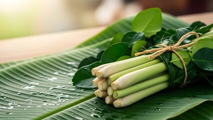 A bundle of lemongrass tied with twine on a large green leaf
