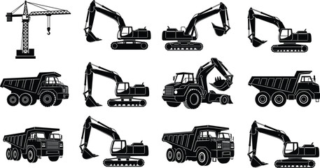 Black silhouette construction heavy machinery set including excavators dump trucks and tower crane icons for industrial building site vector design © Hafiza