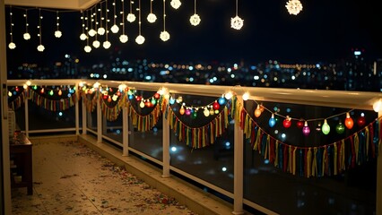A balcony decorated with colorful lights and lanterns at nighttime in the city