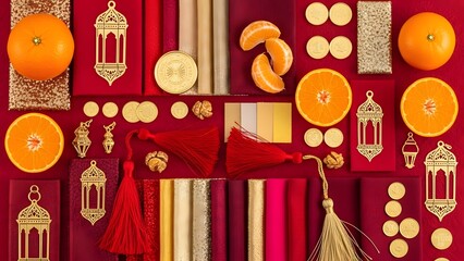 A vibrant arrangement of oranges, gold decorations, and red fabrics for a festive celebration