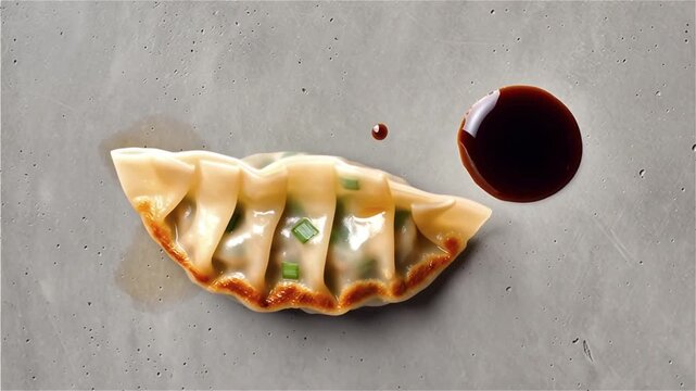 Top-down flat lay of a single, perfect pork and chive dumpling (guotie) on a light gray concrete background, soy sauce dipping pool nearby.