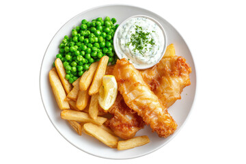 Fish and chips, peas, lemon, and sauce on a white plate from a top view