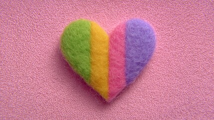 Rainbow fuzzy heart on pastel pink background