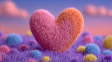 Fuzzy pastel heart in dreamy fantasy landscape