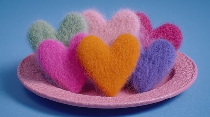 Colorful fuzzy hearts in heart shaped bowl on pink background