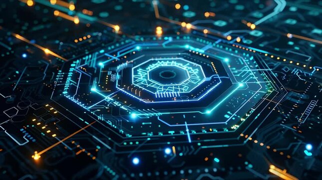 Advanced cyber security shield animation with glowing blue energy rings on digital circuit board (AI Generated)
