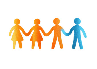 Four paper-cut figures holding hands; orange & blue watercolor texture