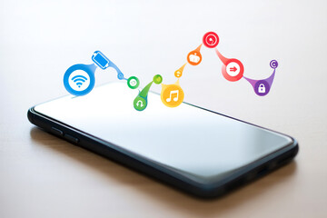 Smartphone with social media icons and music symbols floating out, for app or website mockup, isolated on white background