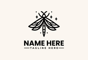 Fototapeta premium A logo illustration of a stylized moth with sparkles on a beige background, featuring placeholder text for a business name and tagline in a modern vector design.