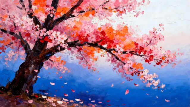 Vibrant impasto painting captures a blossoming cherry tree with bright pink and orange flowers against a rich blue sky.