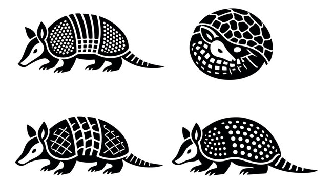 Stylized armadillo set featuring armadillos in walking and curled poses for nature and animal designs