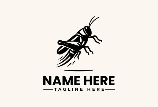 Black and white illustration of a cricket logo with placeholder text on a beige background, featuring a vector-style pictogram and typography for branding purposes.