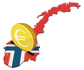 3D map of Norway as a piggy bank with a gold Euro coin, representing European trade relations, financial cooperation, and foreign investment, isolated (cut out)
