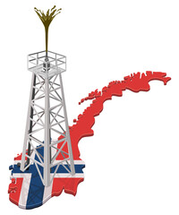 3D map of Norway with an oil derrick tower and gushing crude oil, representing petroleum production, energy sector wealth, and offshore drilling, isolated (cut out)