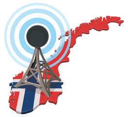 3D map of Norway with flag and antenna tower symbolizing radio broadcasting, 5G cellular network, and nationwide digital communication, isolated (cut out)