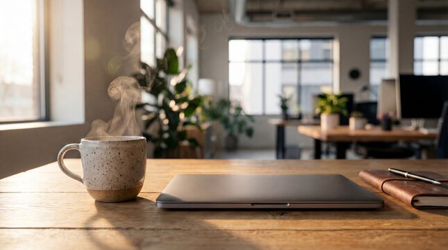 Morning office routine with steaming cup of coffee and laptop on wooden desk